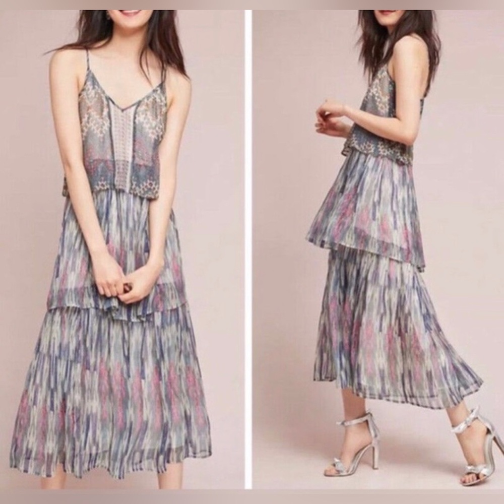 Anthropologie Meadow Rue Tiered Jose Maxi Dress Metallic Print size 12